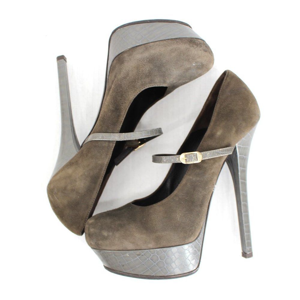 Fendi Olive Suede Croc Platform Pumps Ankle Strap Mary Jane Stiletto Heels 40 - Picture 7 of 14